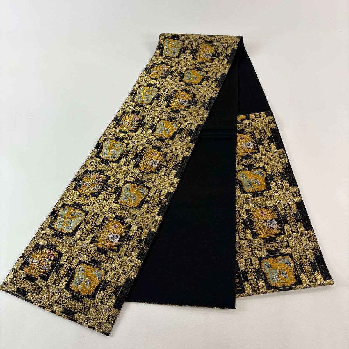 【美品】 袋帶 秀品級 證書齊全 格天井 草花紋紋 金絲 金金箔 黑 六通 純蠶絲
