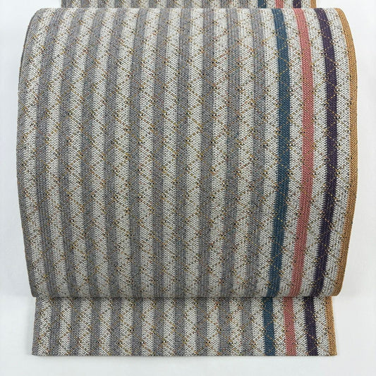 【美品】 名古屋帶 秀品級 八寸名古屋帶 松樹葉仕立 雜紋 金銀彩 灰白 純蠶絲