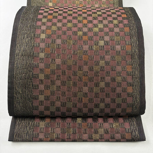 【美品】 袋帶 名品級 本泥染 市松樹 金絲 金金箔 黑 六通 純蠶絲