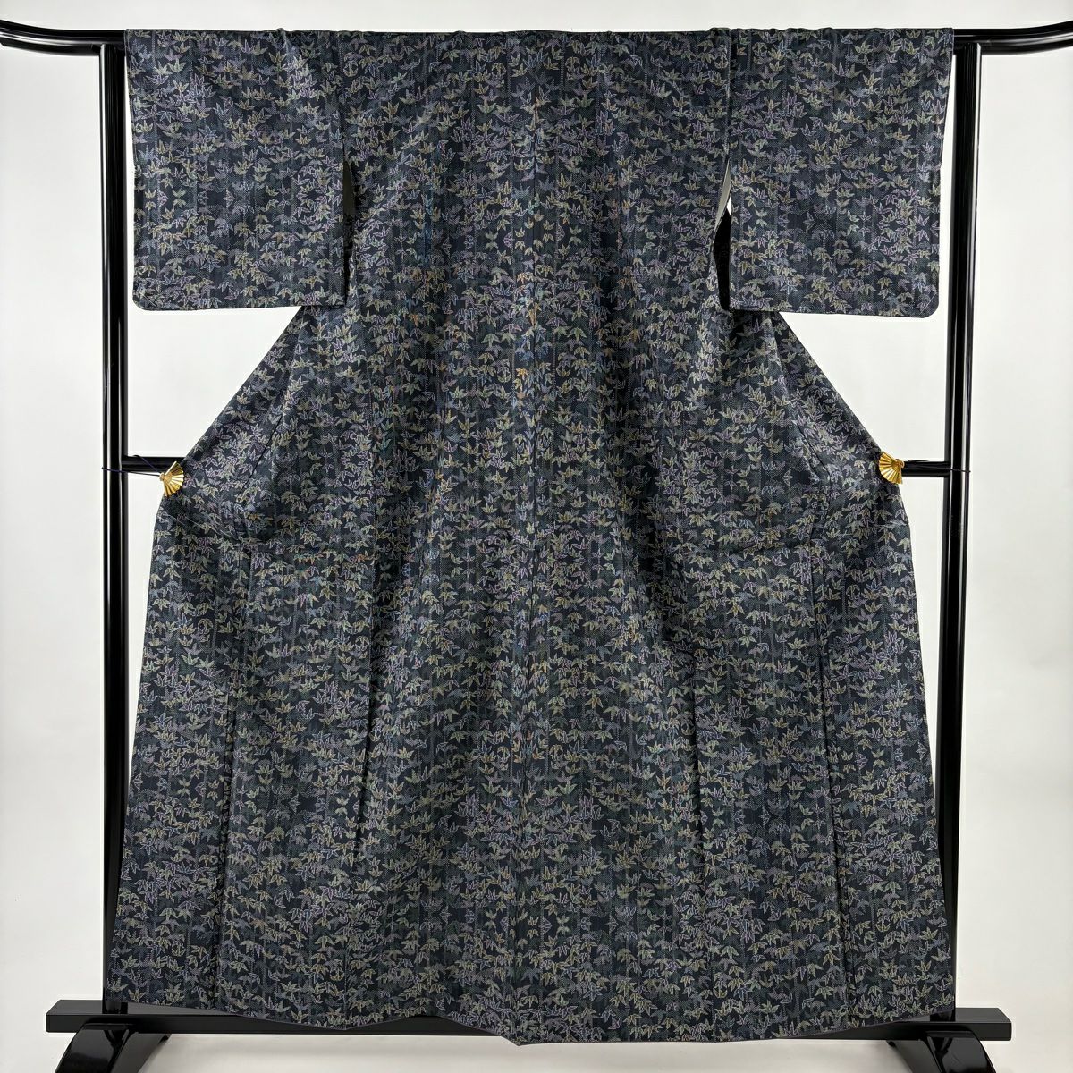 【美品】 紬織 身長158.5cm 袖長63.5cm S 雙層 竹子 深藍 純蠶絲 名品級