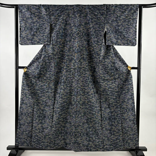 【美品】 紬織 身長158.5cm 袖長63.5cm S 雙層 竹子 深藍 純蠶絲 名品級