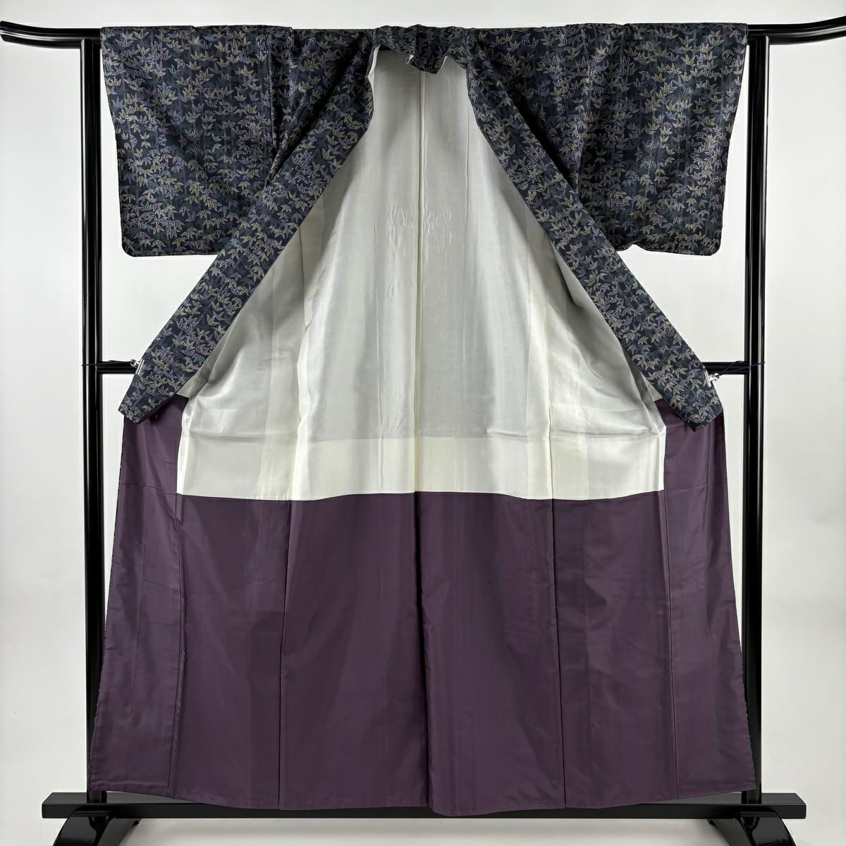 【美品】 紬織 身長158.5cm 袖長63.5cm S 雙層 竹子 深藍 純蠶絲 名品級