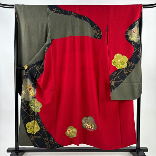 【美品】振袖禮服 身長155cm 袖長67cm M 雙層 寶物滿載 七寶 金絲 金銀彩 紅 純蠶絲 名品級