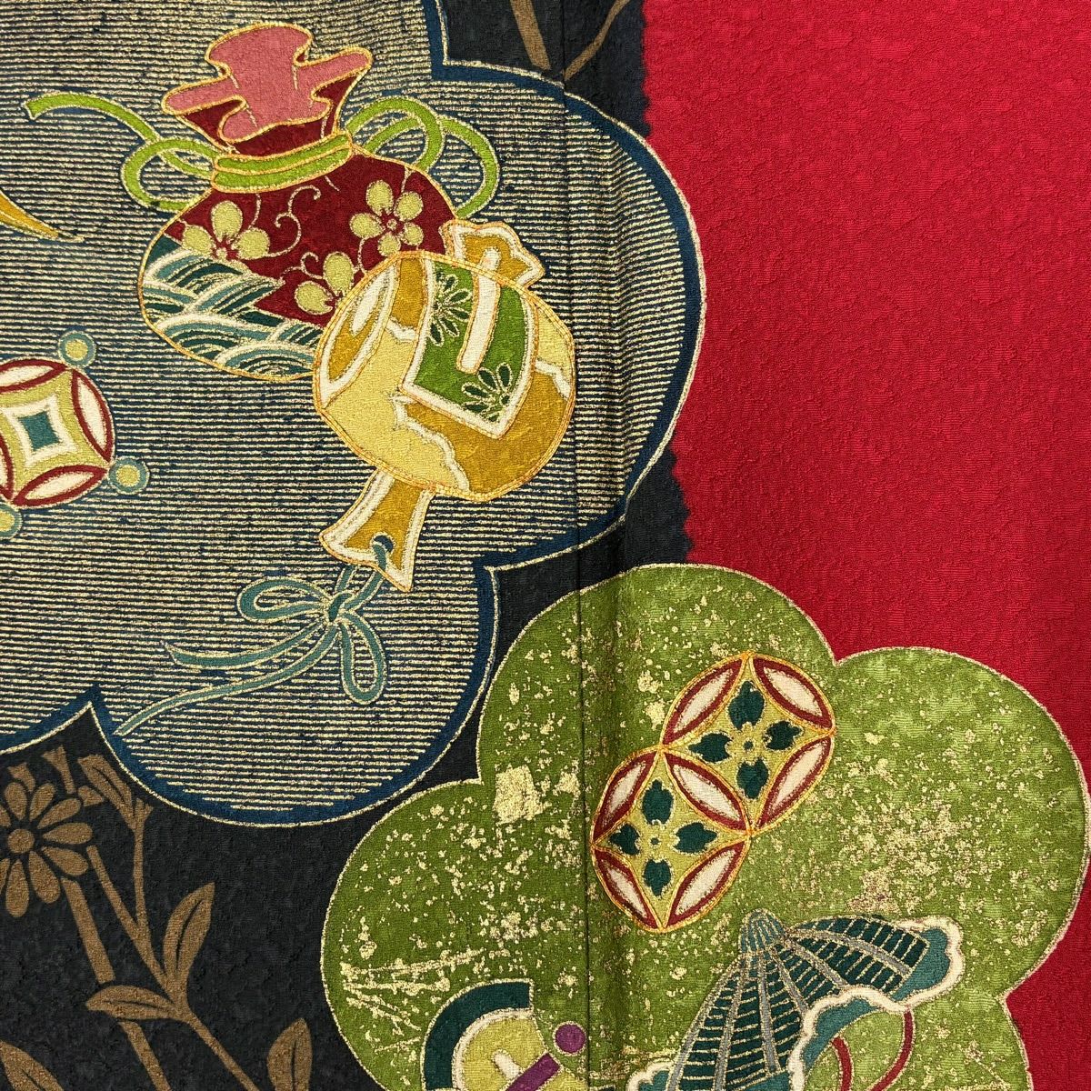 【美品】振袖禮服 身長155cm 袖長67cm M 雙層 寶物滿載 七寶 金絲 金銀彩 紅 純蠶絲 名品級