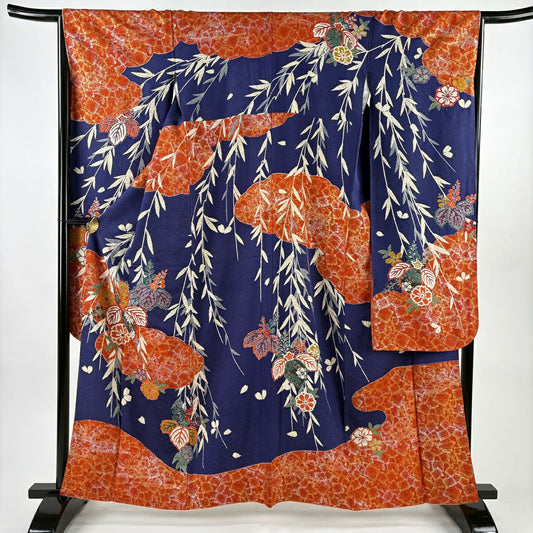 【美品】振袖禮服 身長161cm 袖長65cm M 雙層 草花紋紋 雲文 金通し 金銀彩 深藍 純蠶絲 名品級