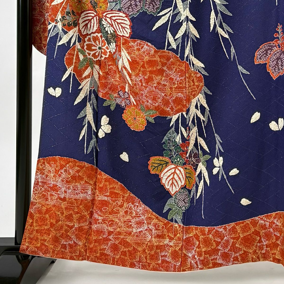 【美品】振袖禮服 身長161cm 袖長65cm M 雙層 草花紋紋 雲文 金通し 金銀彩 深藍 純蠶絲 名品級