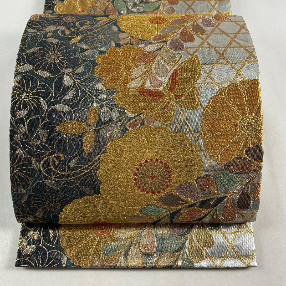 【美品】 袋帶 秀品級 蝶 櫻花 金糸 金金箔 深綠 六通 純蠶絲