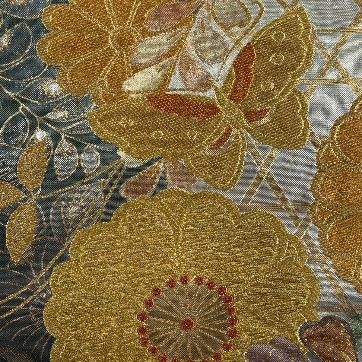 【美品】 袋帶 秀品級 蝶 櫻花 金糸 金金箔 深綠 六通 純蠶絲