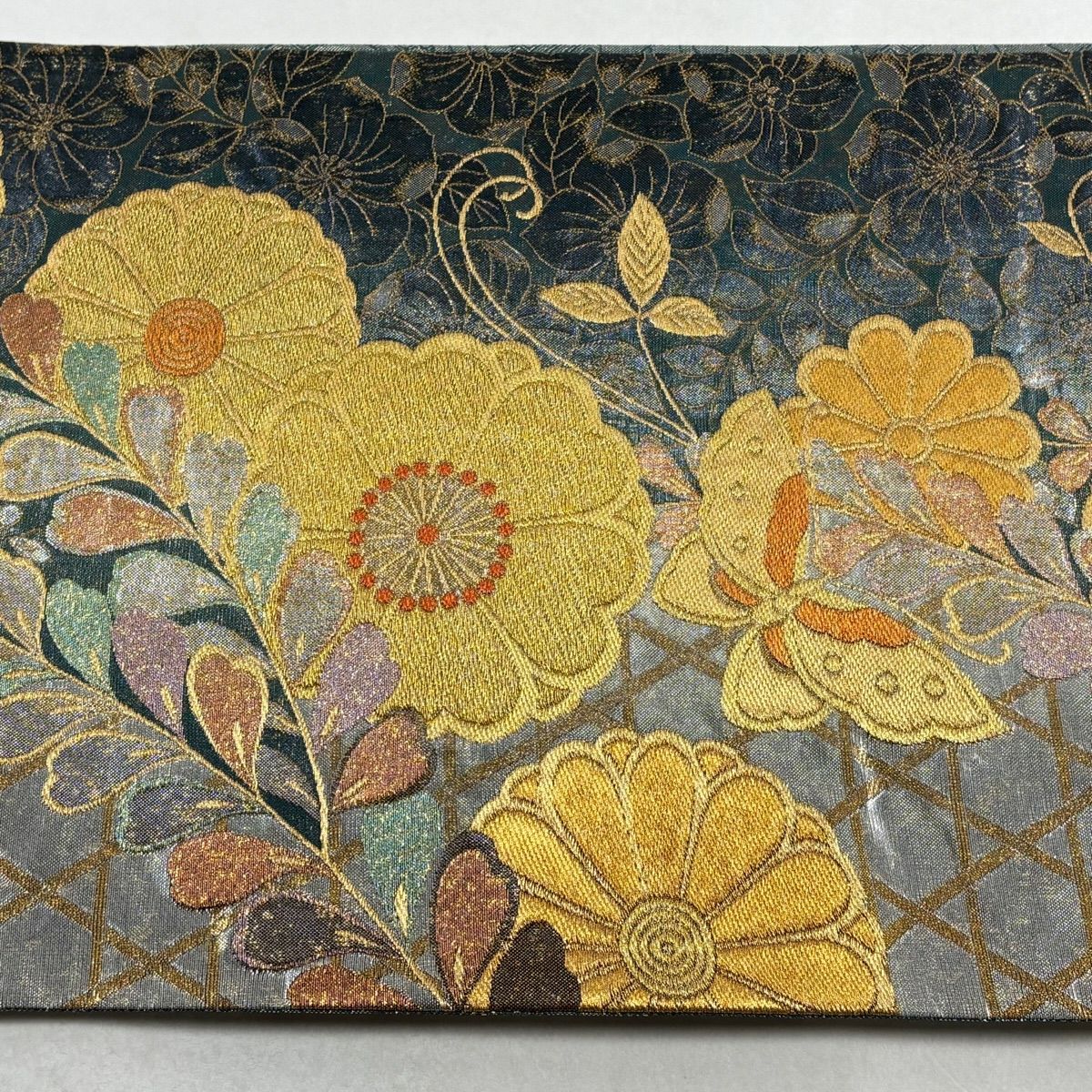 【美品】 袋帶 秀品級 蝶 櫻花 金糸 金金箔 深綠 六通 純蠶絲