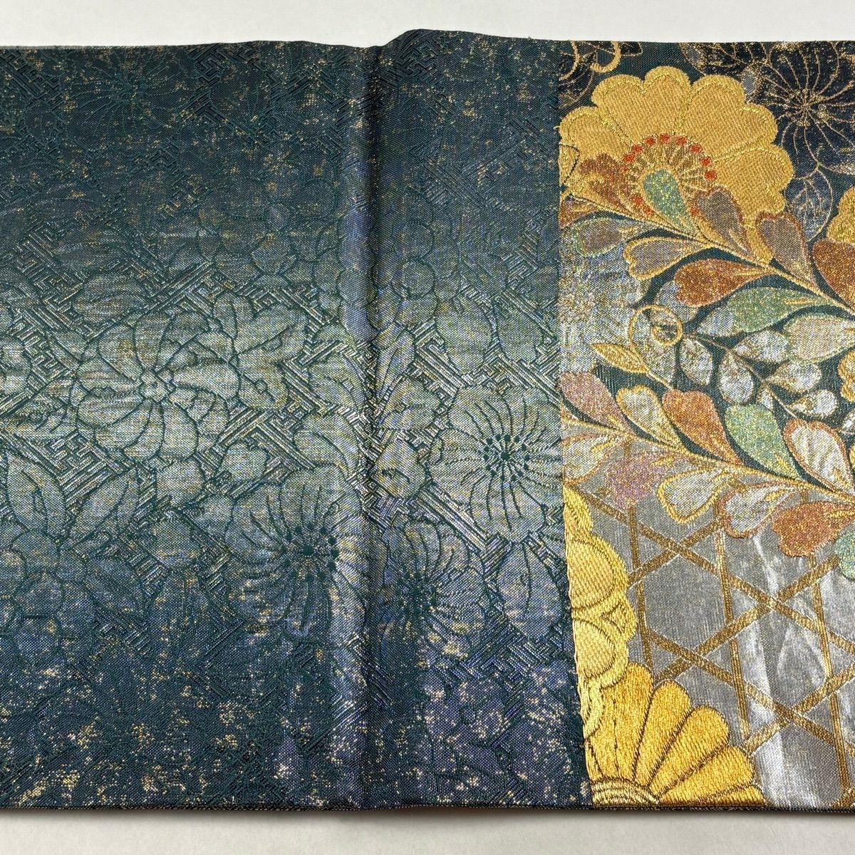 【美品】 袋帶 秀品級 蝶 櫻花 金糸 金金箔 深綠 六通 純蠶絲