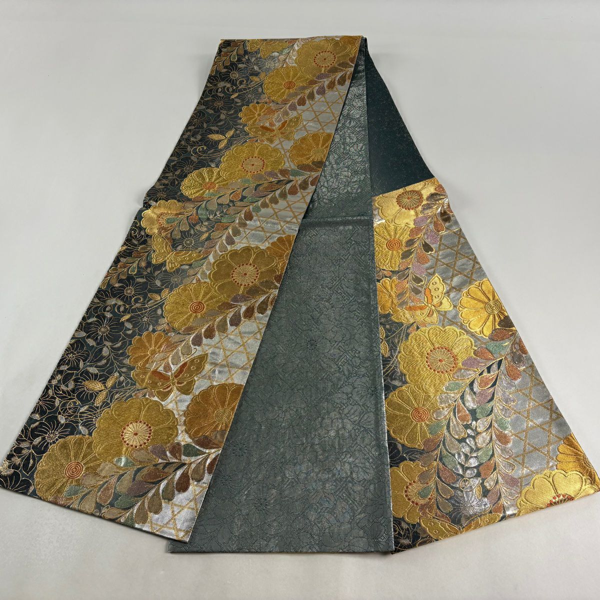 【美品】 袋帶 秀品級 蝶 櫻花 金糸 金金箔 深綠 六通 純蠶絲