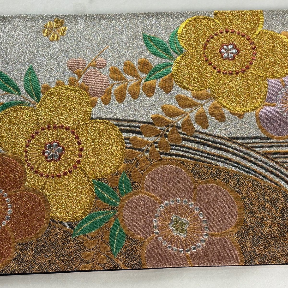 袋帶 秀品級 草花紋紋 金金箔 銀 六通 純蠶絲