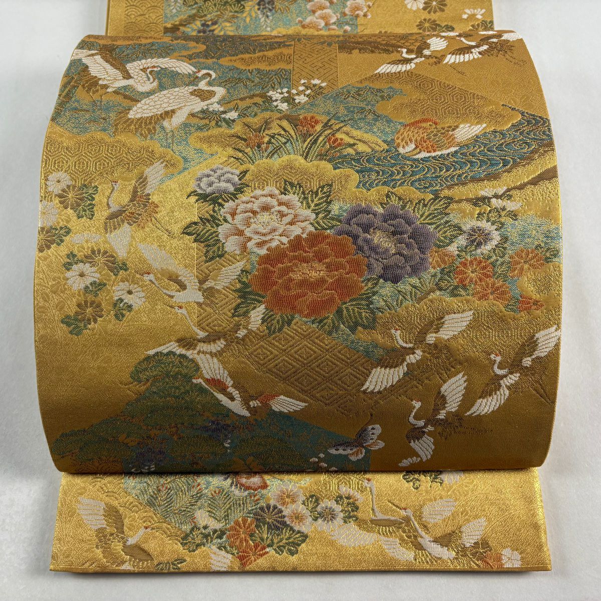 【美品】 袋帶 秀品級 仙鶴 牡丹 金絲 金金箔 金色 六通 純蠶絲