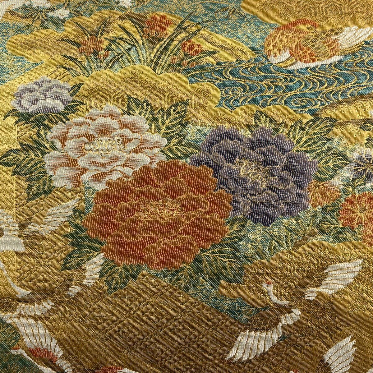 【美品】 袋帶 秀品級 仙鶴 牡丹 金絲 金金箔 金色 六通 純蠶絲