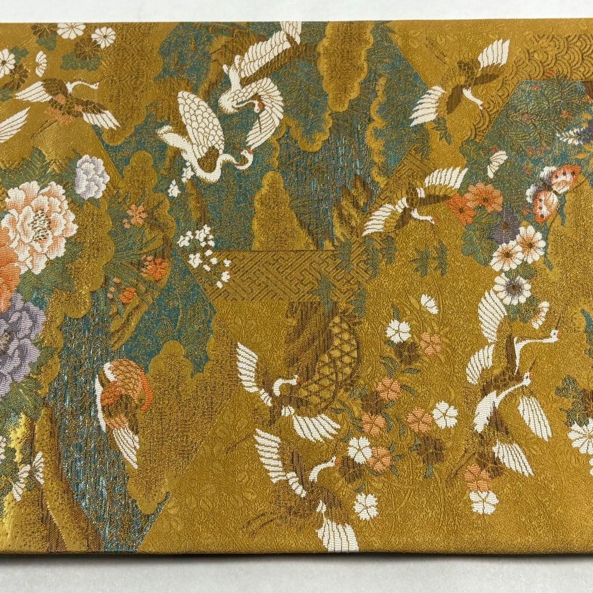 【美品】 袋帶 秀品級 仙鶴 牡丹 金絲 金金箔 金色 六通 純蠶絲