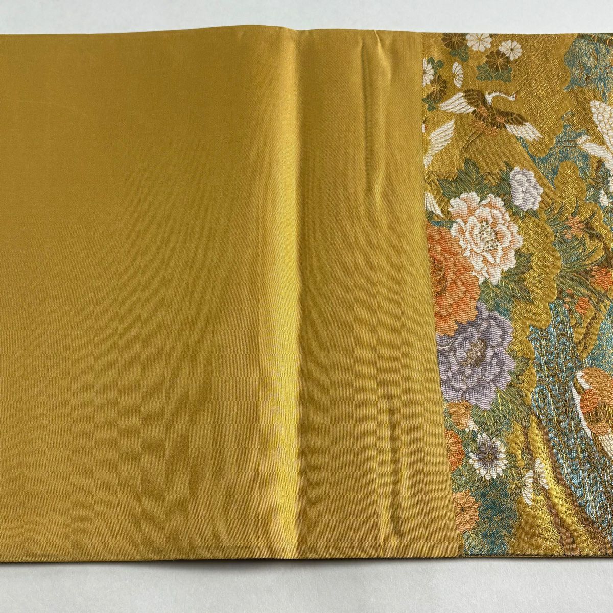 【美品】 袋帶 秀品級 仙鶴 牡丹 金絲 金金箔 金色 六通 純蠶絲