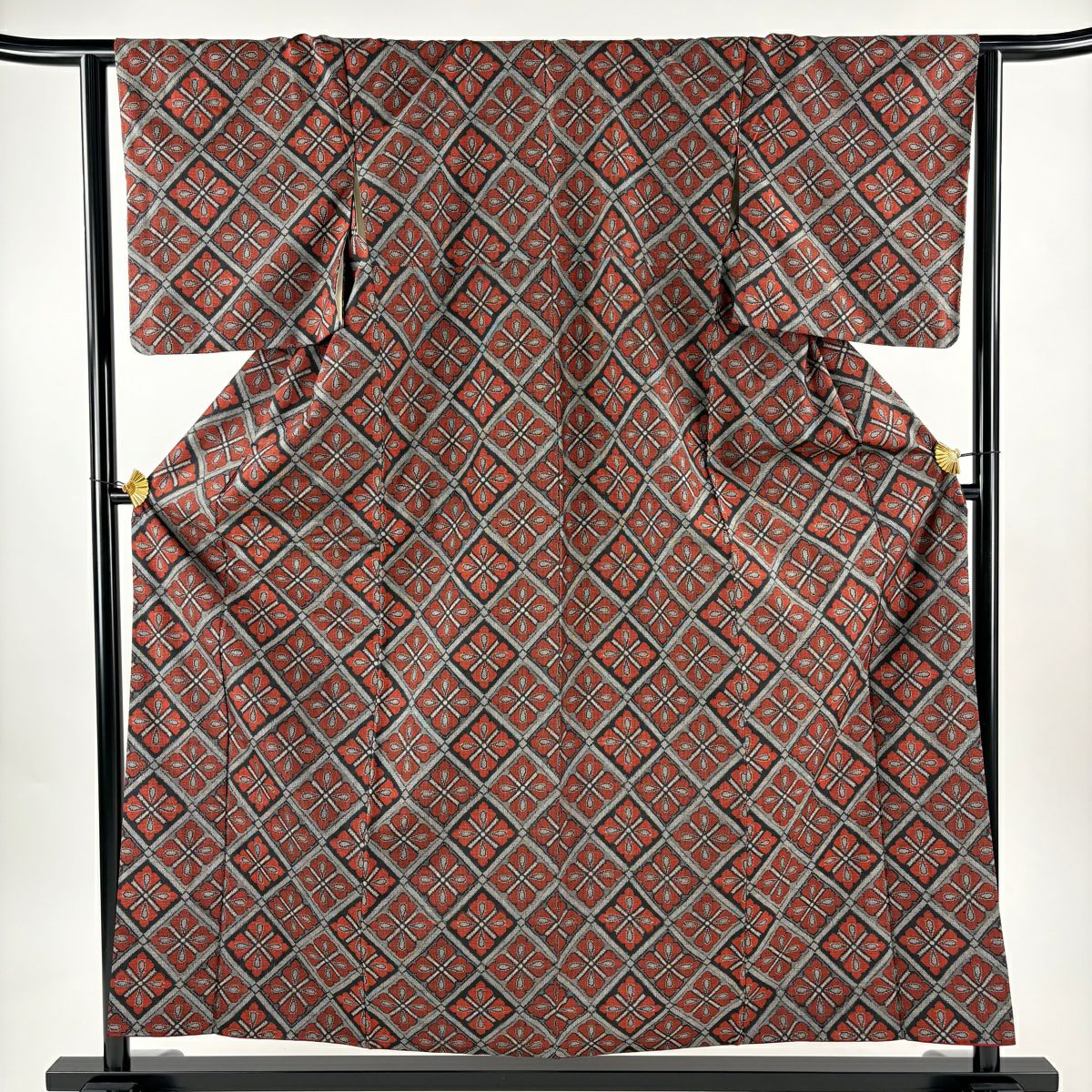 【美品】 紬織 身長158.5cm 袖長63cm S 雙層 套裝 花菱 斜格 茜 純蠶絲 優品級