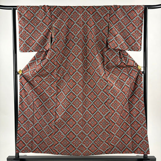 【美品】 紬織 身長158.5cm 袖長63cm S 雙層 套裝 花菱 斜格 茜 純蠶絲 優品級
