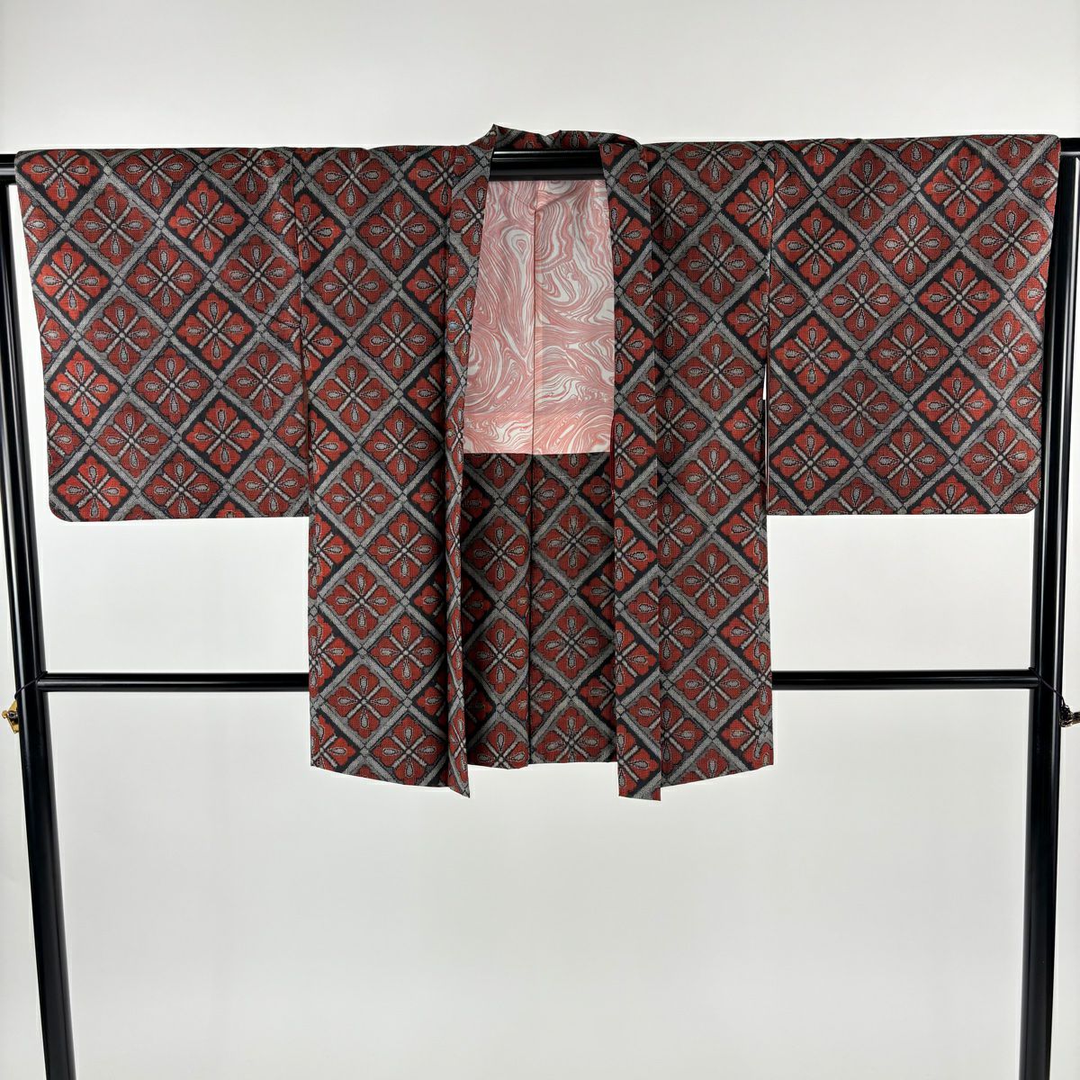 【美品】 紬織 身長158.5cm 袖長63cm S 雙層 套裝 花菱 斜格 茜 純蠶絲 優品級