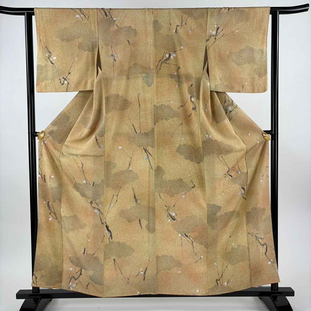 【美品】 小紋 身長159.5cm 袖長62.5cm S 雙層 枝花 雲紋 漸層 薄茶 純蠶絲 優品級