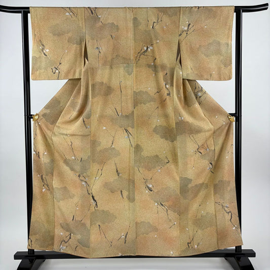 【美品】 小紋 身長159.5cm 袖長62.5cm S 雙層 枝花 雲紋 漸層 薄茶 純蠶絲 優品級