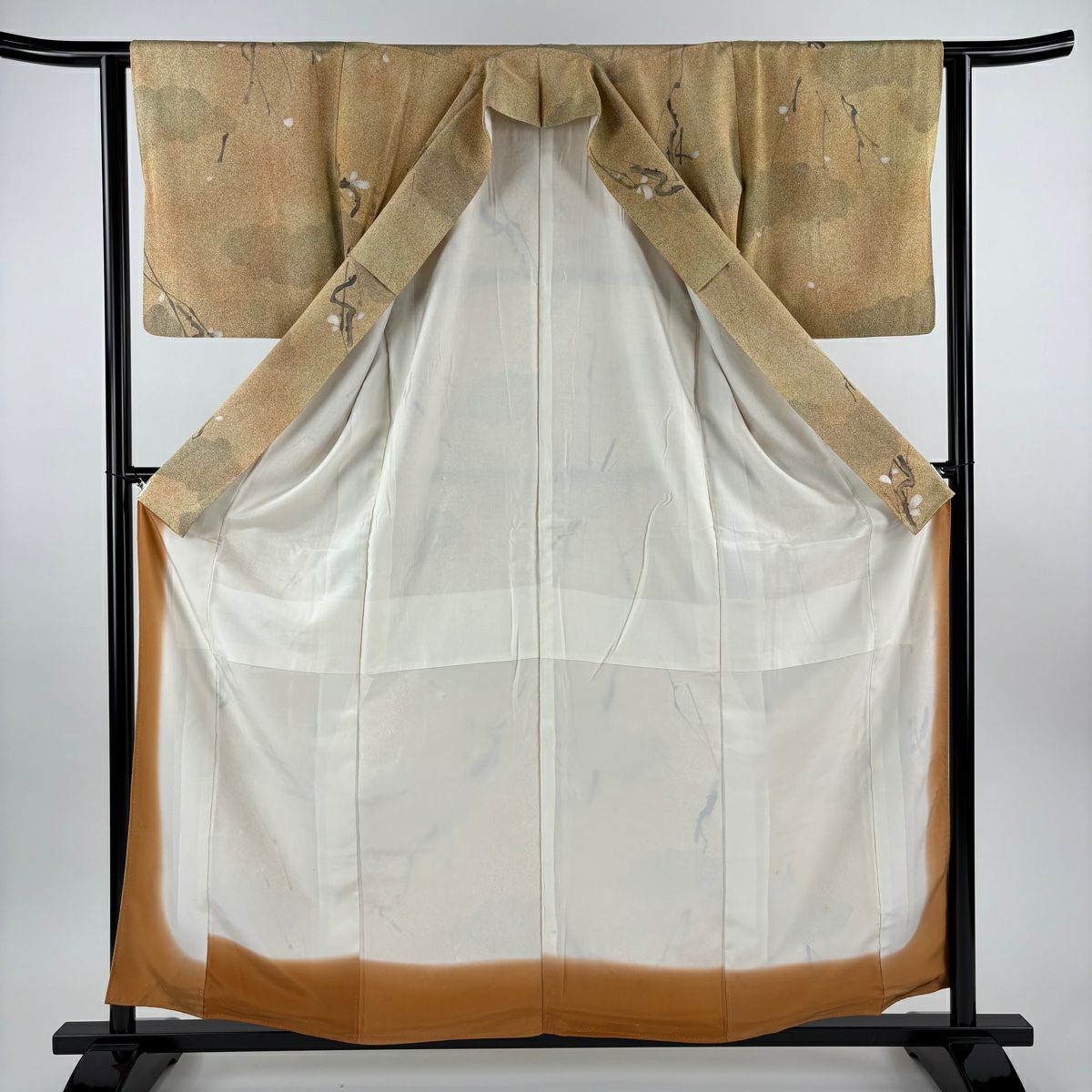 【美品】 小紋 身長159.5cm 袖長62.5cm S 雙層 枝花 雲紋 漸層 薄茶 純蠶絲 優品級
