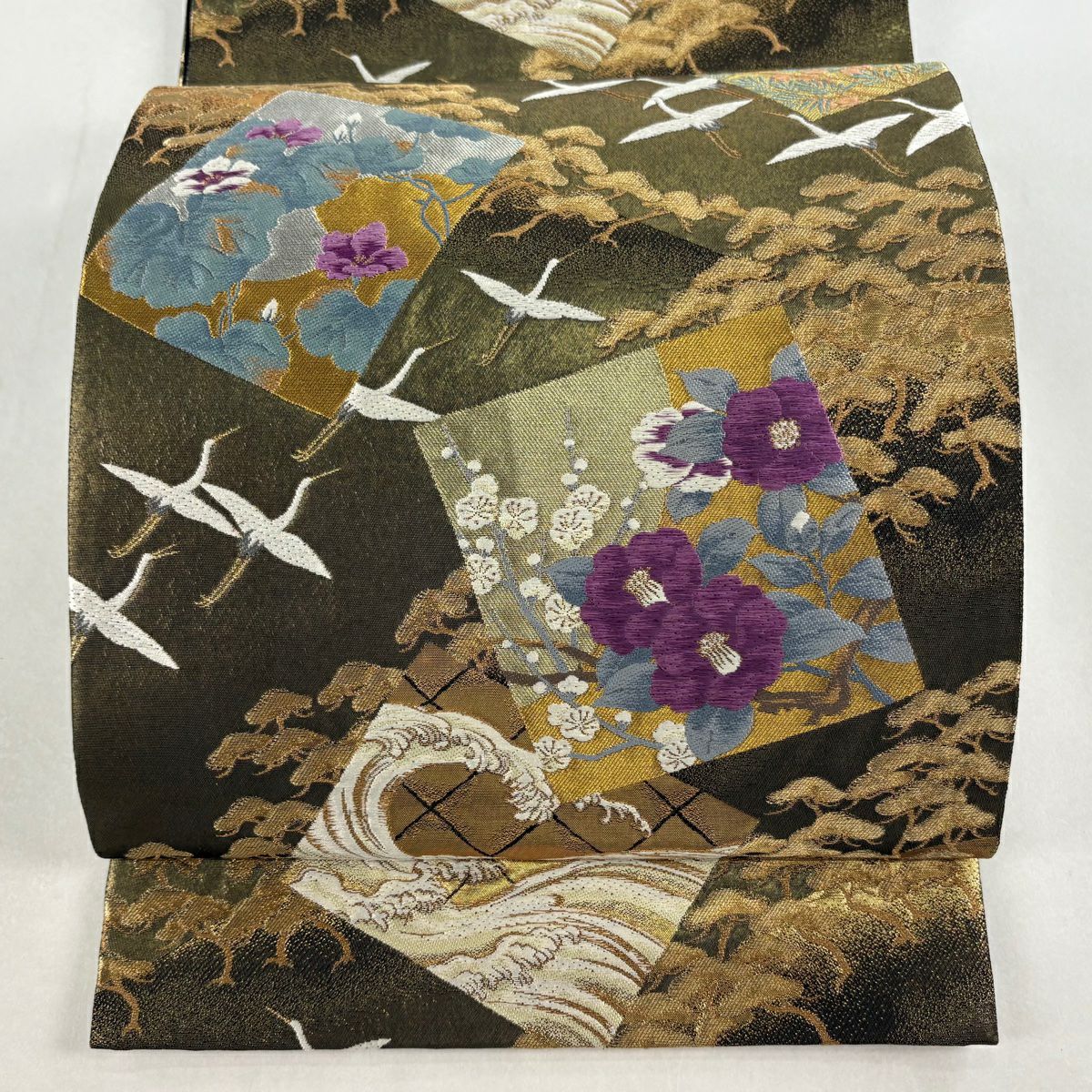 袋帶 逸品級 じゅらく 落款あり 帝王紫 色紙 草花紋 金糸 金金箔 金茶 六通 純蠶絲