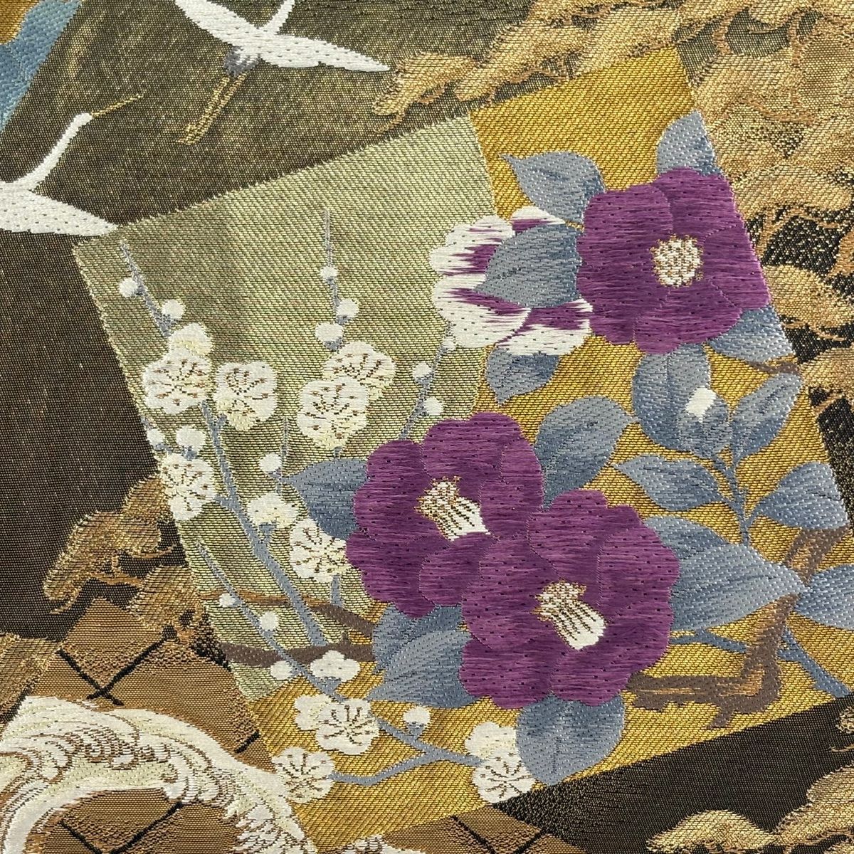 袋帶 逸品級 じゅらく 落款あり 帝王紫 色紙 草花紋 金糸 金金箔 金茶 六通 純蠶絲