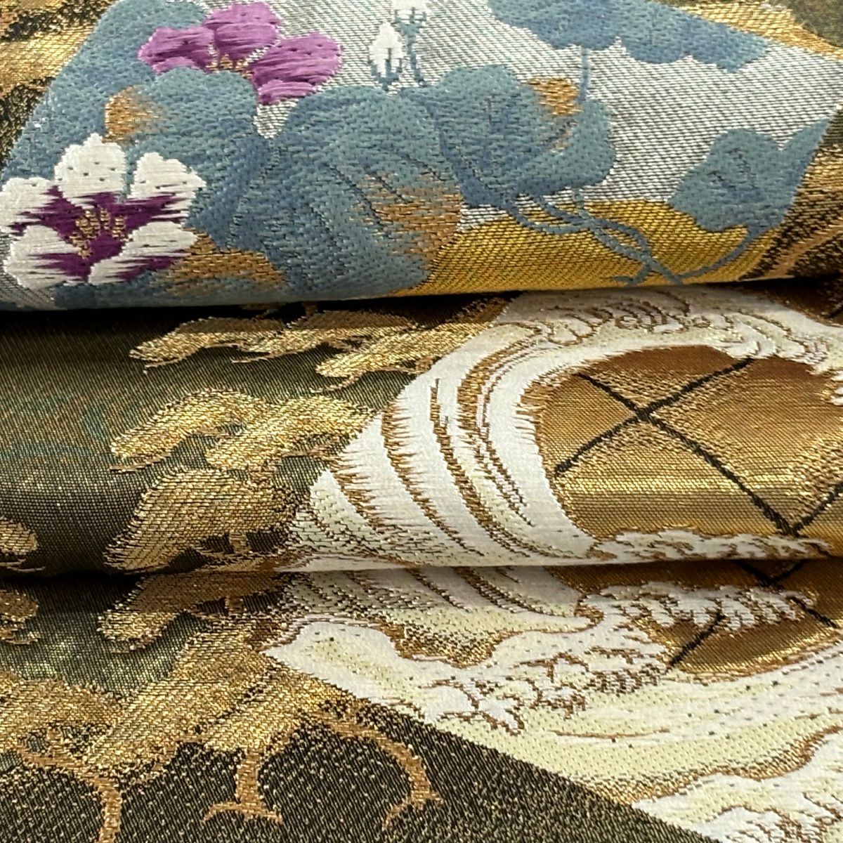 袋帶 逸品級 じゅらく 落款あり 帝王紫 色紙 草花紋 金糸 金金箔 金茶 六通 純蠶絲