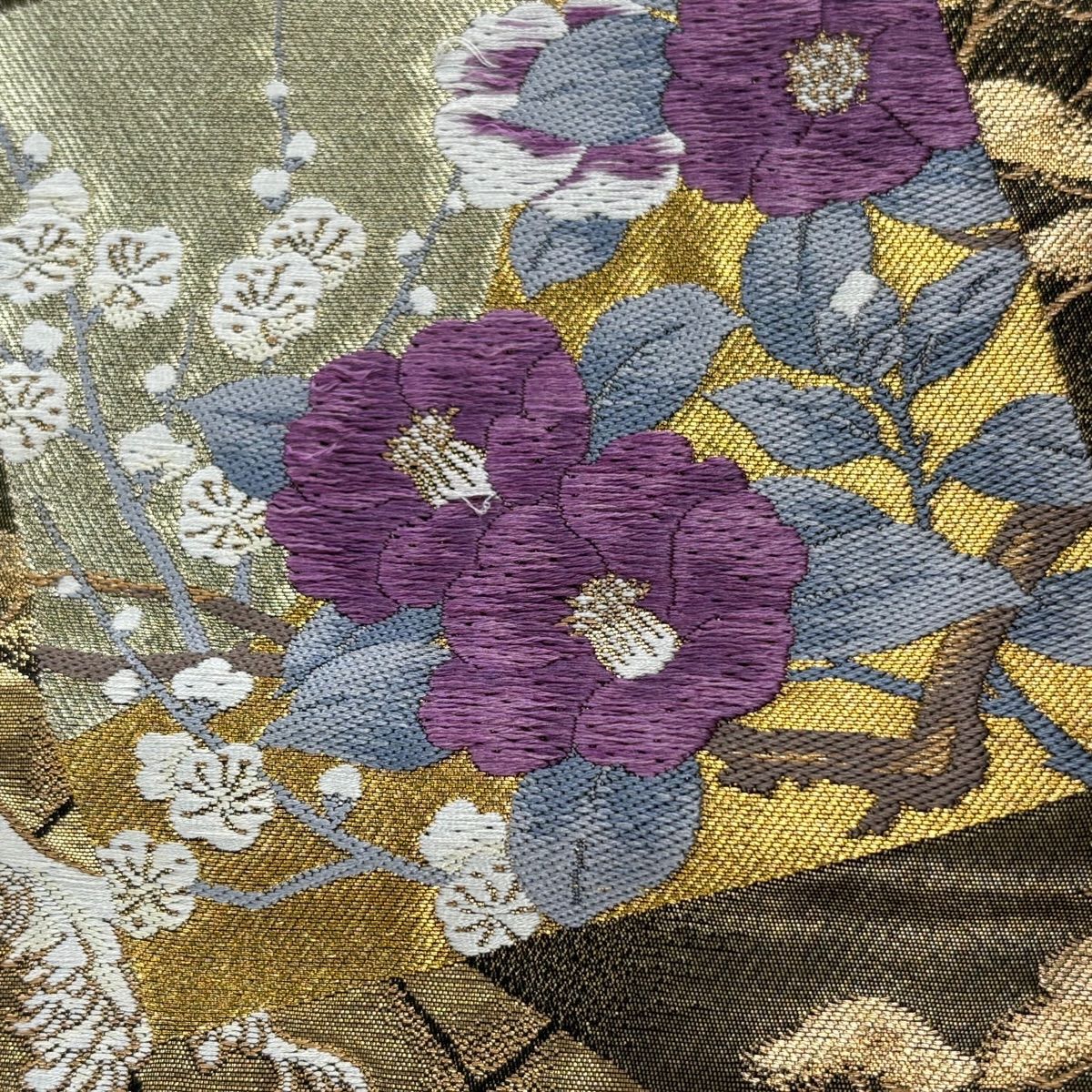 袋帶 逸品級 じゅらく 落款あり 帝王紫 色紙 草花紋 金糸 金金箔 金茶 六通 純蠶絲