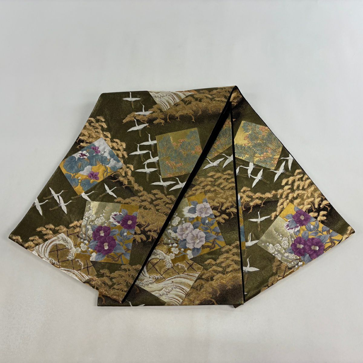 袋帶 逸品級 じゅらく 落款あり 帝王紫 色紙 草花紋 金糸 金金箔 金茶 六通 純蠶絲