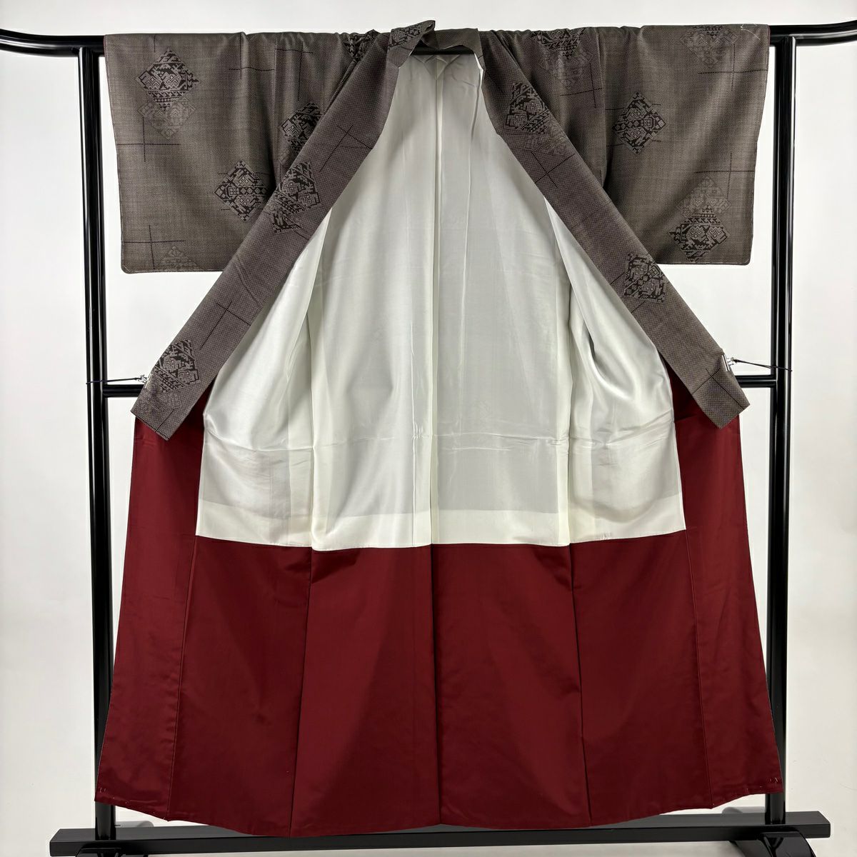 【美品】 紬織 身長155.5cm 袖長62cm S 雙層 有栖川文 菱 焦茶 純蠶絲 秀品級