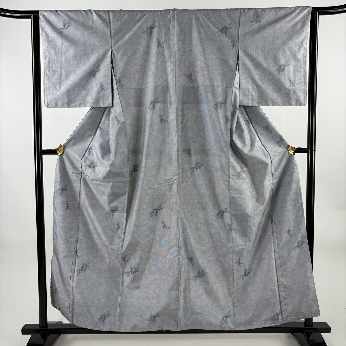 紬織 身長158.5cm 袖長63cm S 雙層 蝶 青灰 純蠶絲 秀品級