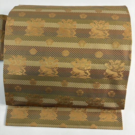 【美品】 名古屋帶 優品級 花兔 縞 金金箔 茶綠 純蠶絲