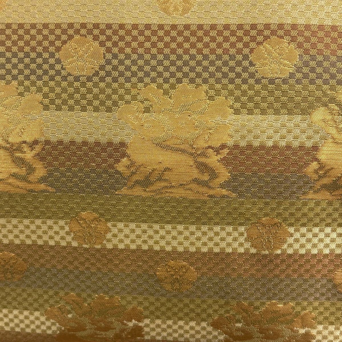 【美品】 名古屋帶 優品級 花兔 縞 金金箔 茶綠 純蠶絲
