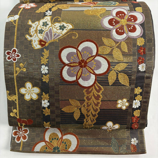 袋帶 秀品級 振袖禮服禮服用 蝶 梅花 金絲 金金箔 金茶 六通 純蠶絲