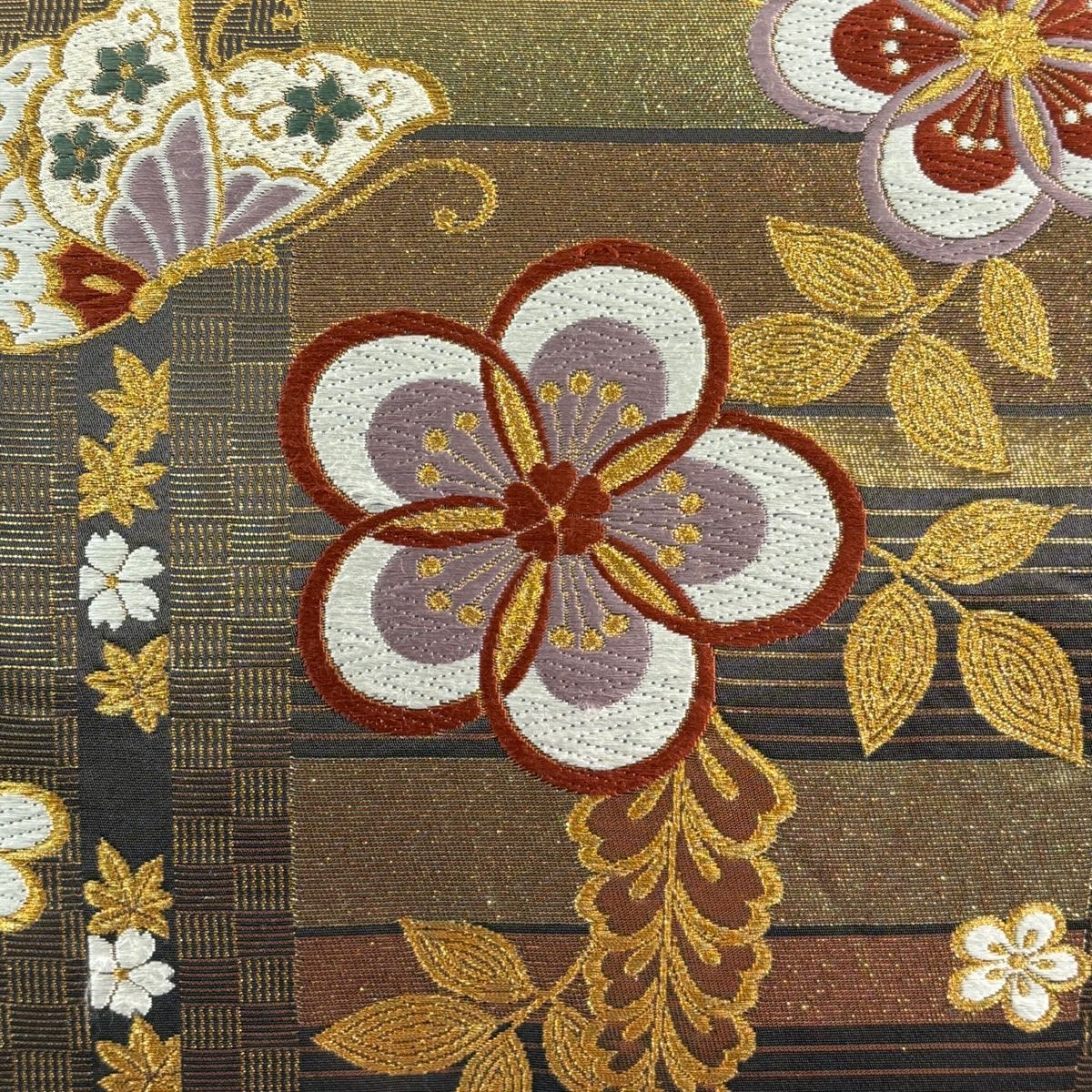 袋帶 秀品級 振袖禮服禮服用 蝶 梅花 金絲 金金箔 金茶 六通 純蠶絲