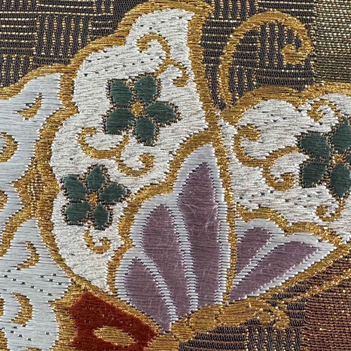 袋帶 秀品級 振袖禮服禮服用 蝶 梅花 金絲 金金箔 金茶 六通 純蠶絲