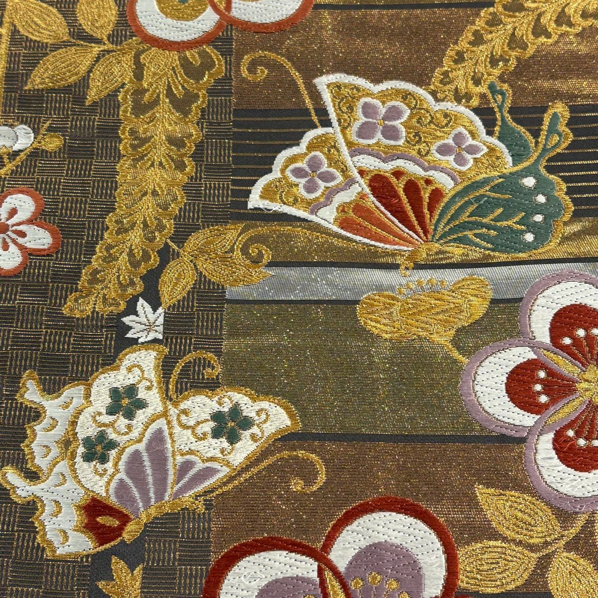 袋帶 秀品級 振袖禮服禮服用 蝶 梅花 金絲 金金箔 金茶 六通 純蠶絲