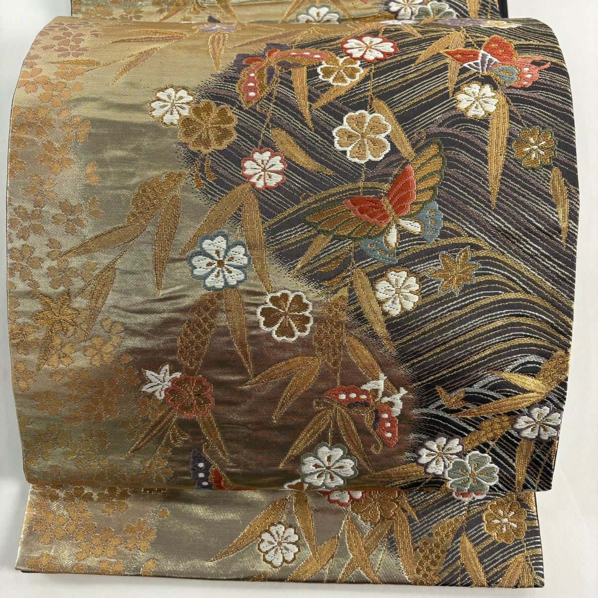 袋帶 秀品級 蝶 草花紋 金糸 金金箔 金 六通 純蠶絲