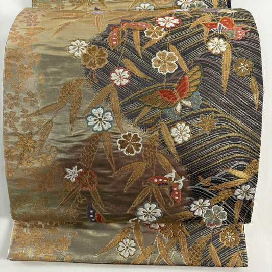 袋帶 秀品級 蝶 草花紋 金糸 金金箔 金 六通 純蠶絲