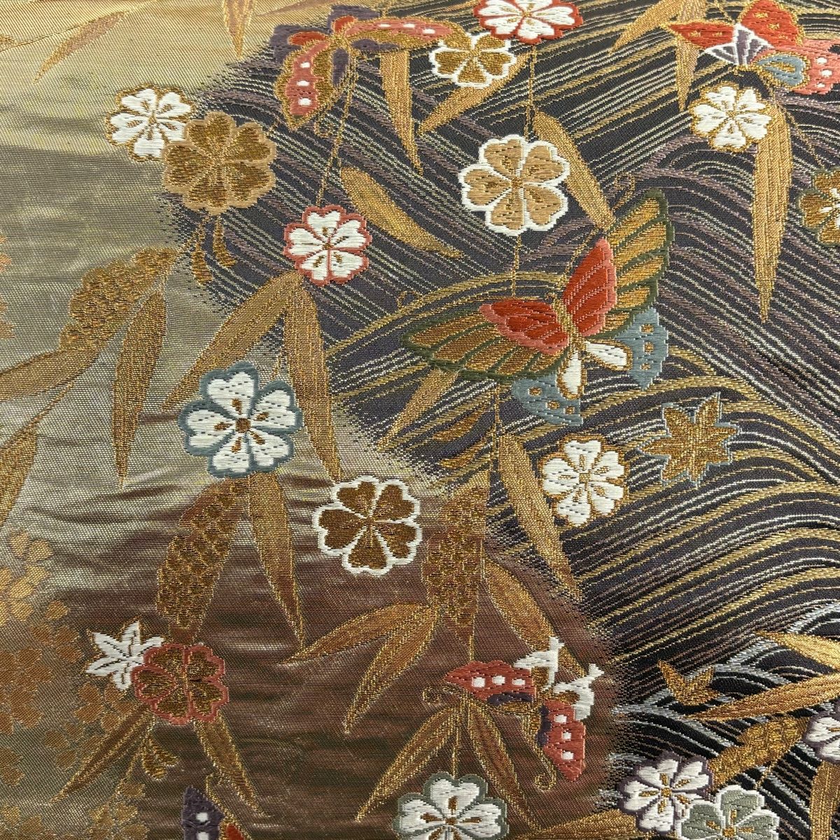 袋帶 秀品級 蝶 草花紋 金糸 金金箔 金 六通 純蠶絲