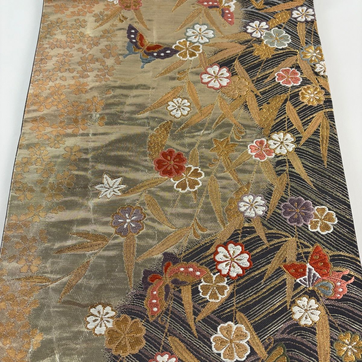 袋帶 秀品級 蝶 草花紋 金糸 金金箔 金 六通 純蠶絲