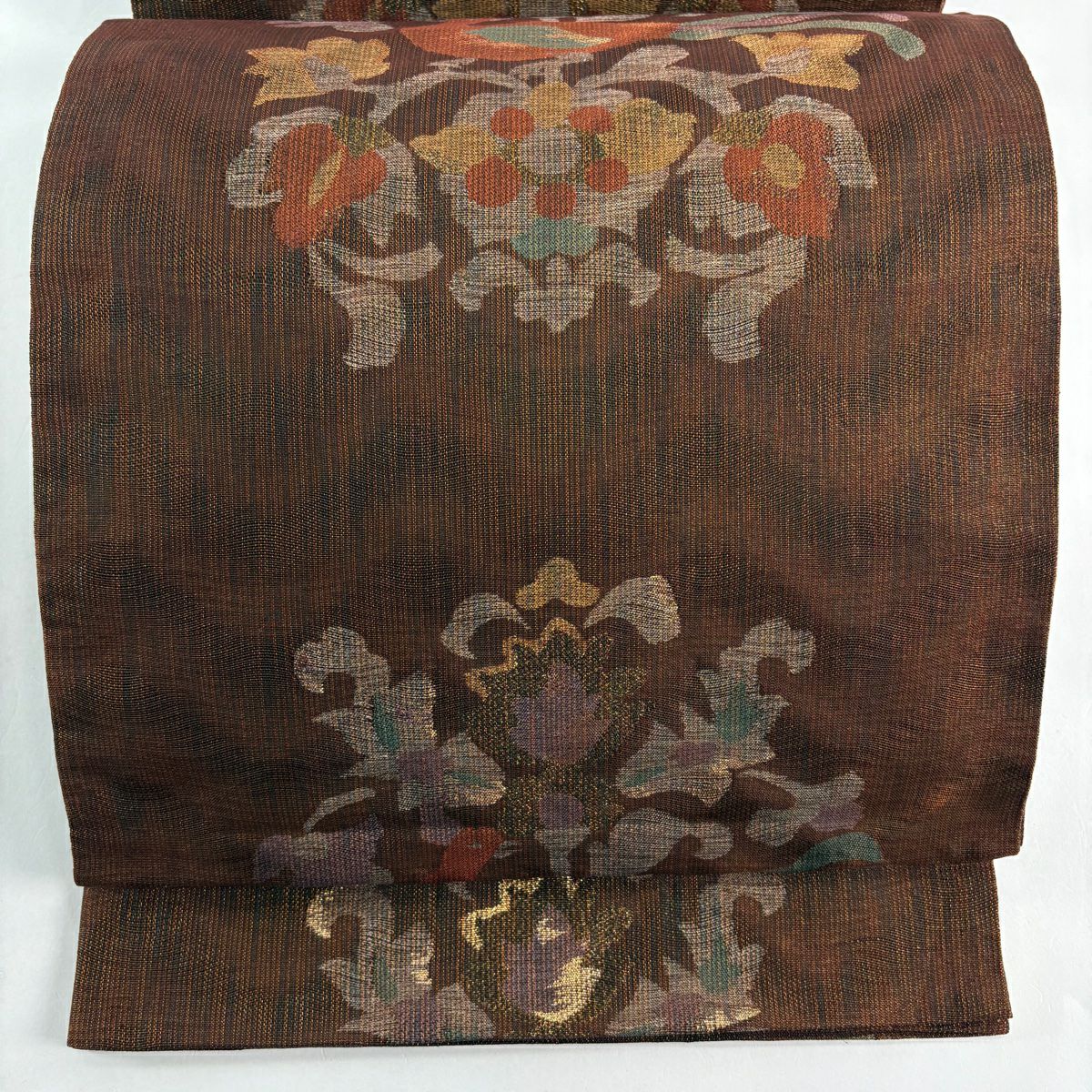 【美品】 袋帶 秀品級 瑞祥古代金 草花紋紋 鳥 金絲 金金箔 茶 六通 純蠶絲