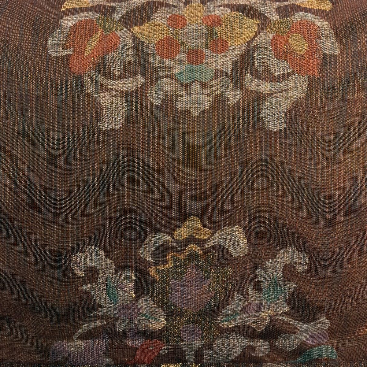【美品】 袋帶 秀品級 瑞祥古代金 草花紋紋 鳥 金絲 金金箔 茶 六通 純蠶絲