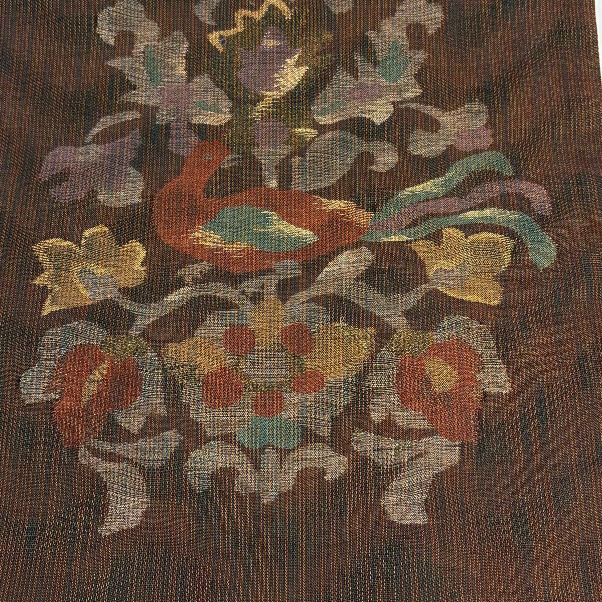 【美品】 袋帶 秀品級 瑞祥古代金 草花紋紋 鳥 金絲 金金箔 茶 六通 純蠶絲