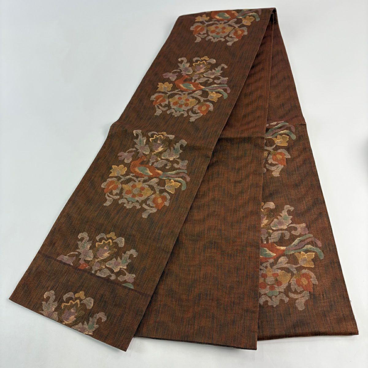 【美品】 袋帶 秀品級 瑞祥古代金 草花紋紋 鳥 金絲 金金箔 茶 六通 純蠶絲