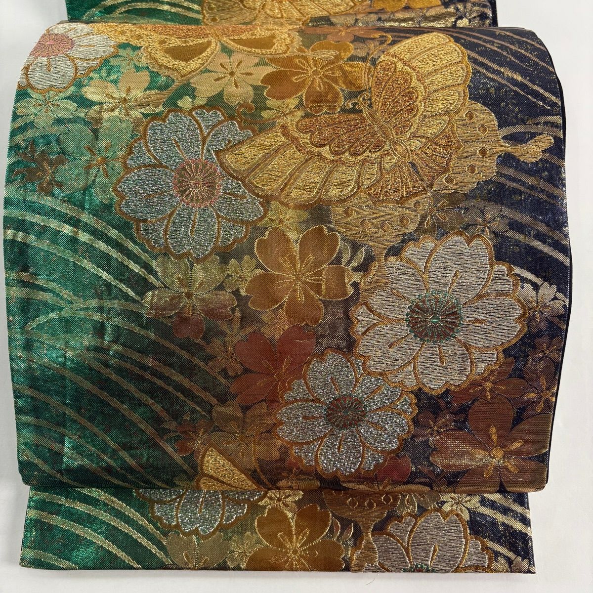 袋帶 秀品級 振袖禮服禮服用 蝴蝶 櫻花 金絲 金金箔 綠 六通 純蠶絲