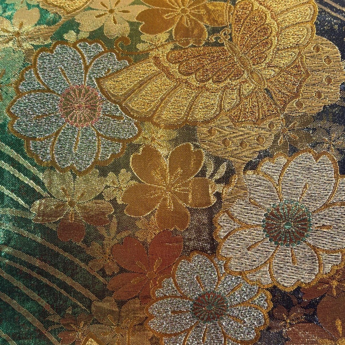 袋帶 秀品級 振袖禮服禮服用 蝴蝶 櫻花 金絲 金金箔 綠 六通 純蠶絲