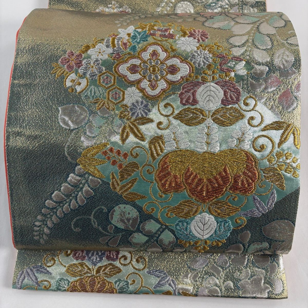 【美品】 袋帶 秀品級 草花紋紋 桐 金銀糸 金金箔 金色 六通 純蠶絲